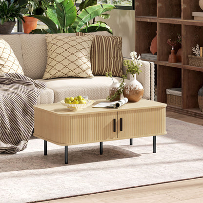 Coffee Table Low Table for Living Room with 2 Sliding Louver Doors 2 Compartments and Steel Legs for Living Room Bedroom 100x55x40 cm Oak