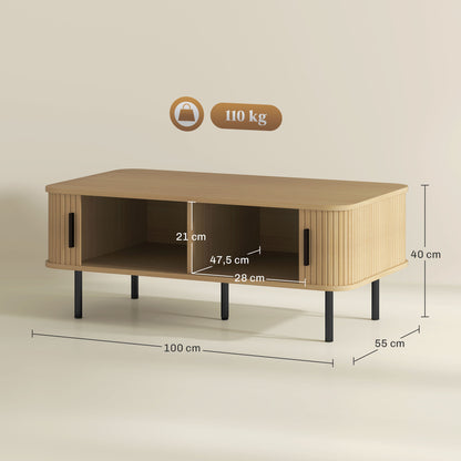 Coffee Table Low Table for Living Room with 2 Sliding Louver Doors 2 Compartments and Steel Legs for Living Room Bedroom 100x55x40 cm Oak