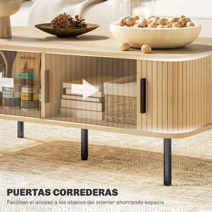 Coffee Table Low Table for Living Room with 2 Sliding Louver Doors 2 Compartments and Steel Legs for Living Room Bedroom 100x55x40 cm Oak