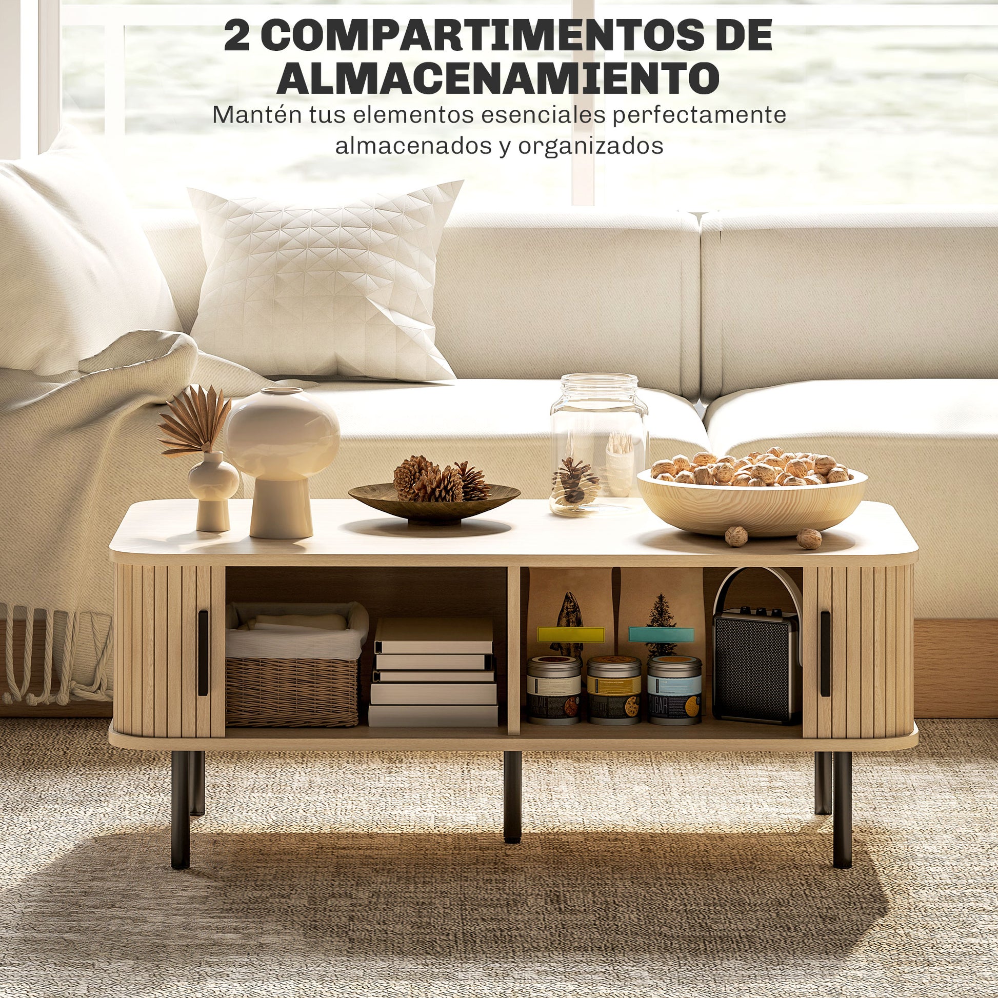 Coffee Table Low Table for Living Room with 2 Sliding Louver Doors 2 Compartments and Steel Legs for Living Room Bedroom 100x55x40 cm Oak