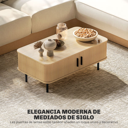 Coffee Table Low Table for Living Room with 2 Sliding Louver Doors 2 Compartments and Steel Legs for Living Room Bedroom 100x55x40 cm Oak