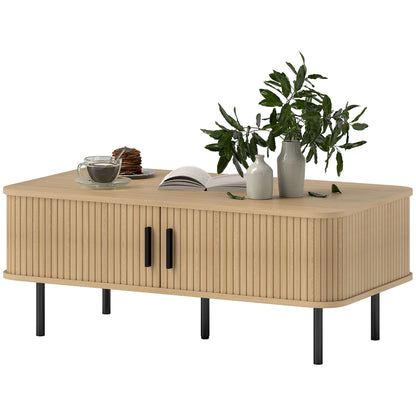 Coffee Table Low Table for Living Room with 2 Sliding Louver Doors 2 Compartments and Steel Legs for Living Room Bedroom 100x55x40 cm Oak