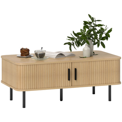 Coffee Table Low Table for Living Room with 2 Sliding Louver Doors 2 Compartments and Steel Legs for Living Room Bedroom 100x55x40 cm Oak