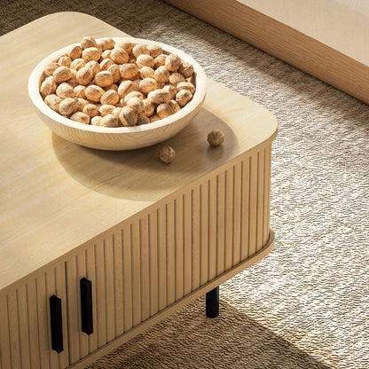 Coffee Table Low Table for Living Room with 2 Sliding Louver Doors 2 Compartments and Steel Legs for Living Room Bedroom 100x55x40 cm Oak