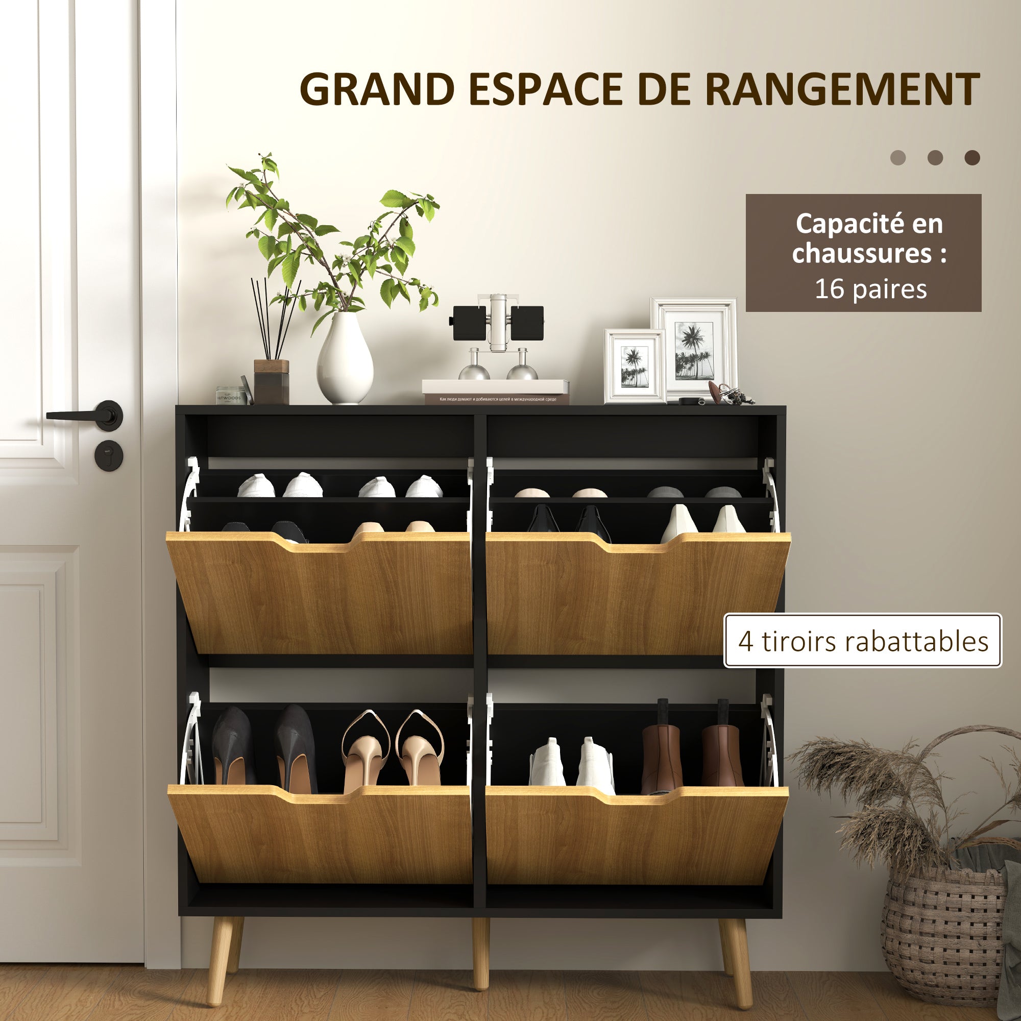 Shoe Cabinet with 4 Folding Doors, Shoe Storage Cabinet for 16 Pairs, with Adjustable Shelf, Wooden Legs, Shoe Organizer, Large Capacity for Hallway, Entryway, 95 x 26 x 95 cm, Black