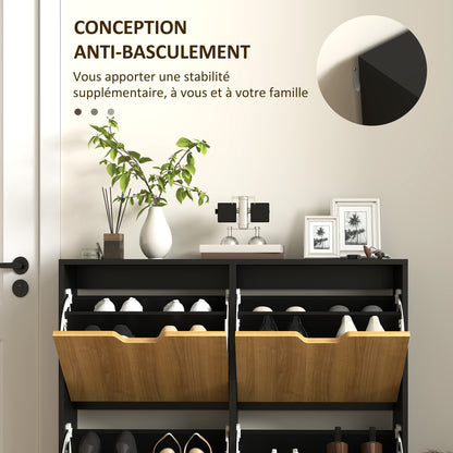 Shoe Cabinet with 4 Folding Doors, Shoe Storage Cabinet for 16 Pairs, with Adjustable Shelf, Wooden Legs, Shoe Organizer, Large Capacity for Hallway, Entryway, 95 x 26 x 95 cm, Black