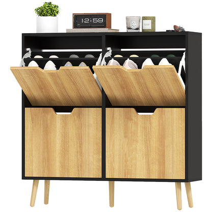 Shoe Cabinet with 4 Folding Doors, Shoe Storage Cabinet for 16 Pairs, with Adjustable Shelf, Wooden Legs, Shoe Organizer, Large Capacity for Hallway, Entryway, 95 x 26 x 95 cm, Black