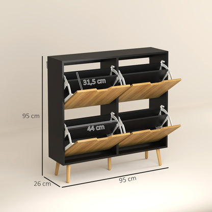 Shoe Cabinet with 4 Folding Doors, Shoe Storage Cabinet for 16 Pairs, with Adjustable Shelf, Wooden Legs, Shoe Organizer, Large Capacity for Hallway, Entryway, 95 x 26 x 95 cm, Black