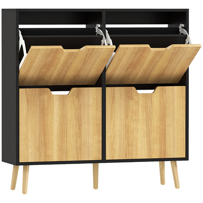 Shoe Cabinet with 4 Folding Doors, Shoe Storage Cabinet for 16 Pairs, with Adjustable Shelf, Wooden Legs, Shoe Organizer, Large Capacity for Hallway, Entryway, 95 x 26 x 95 cm, Black