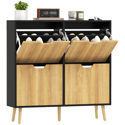 Shoe Cabinet with 4 Folding Doors, Shoe Storage Cabinet for 16 Pairs, with Adjustable Shelf, Wooden Legs, Shoe Organizer, Large Capacity for Hallway, Entryway, 95 x 26 x 95 cm, Black