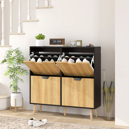 Shoe Cabinet with 4 Folding Doors, Shoe Storage Cabinet for 16 Pairs, with Adjustable Shelf, Wooden Legs, Shoe Organizer, Large Capacity for Hallway, Entryway, 95 x 26 x 95 cm, Black