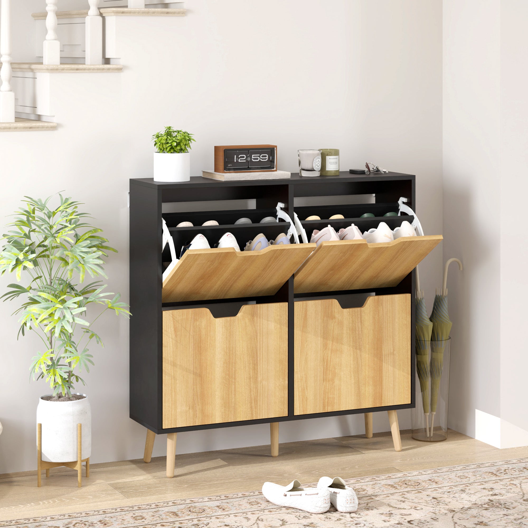 Shoe Cabinet with 4 Folding Doors, Shoe Storage Cabinet for 16 Pairs, with Adjustable Shelf, Wooden Legs, Shoe Organizer, Large Capacity for Hallway, Entryway, 95 x 26 x 95 cm, Black