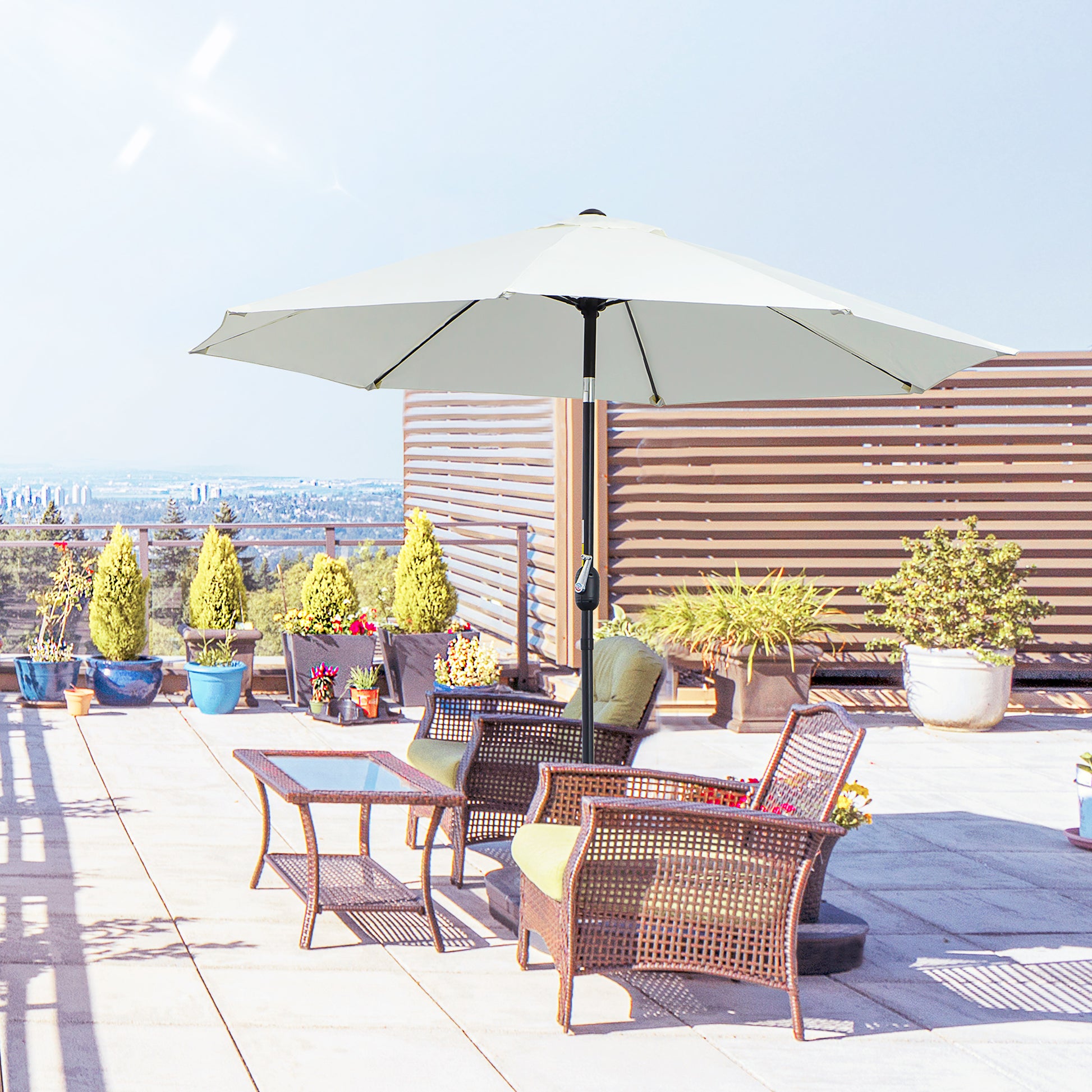 Garden Umbrella Tilted on 3 Angles with Crank, Outdoor Umbrella with 8 Aluminum Ribs and 180g/㎡ Polyester, for Yard, Terrace, and Balcony, Cream