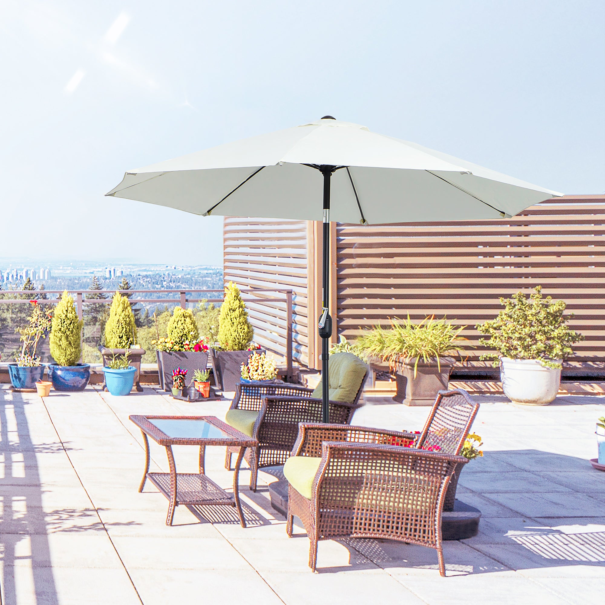 Garden Umbrella Tilted on 3 Angles with Crank, Outdoor Umbrella with 8 Aluminum Ribs and 180g/㎡ Polyester, for Yard, Terrace, and Balcony, Cream