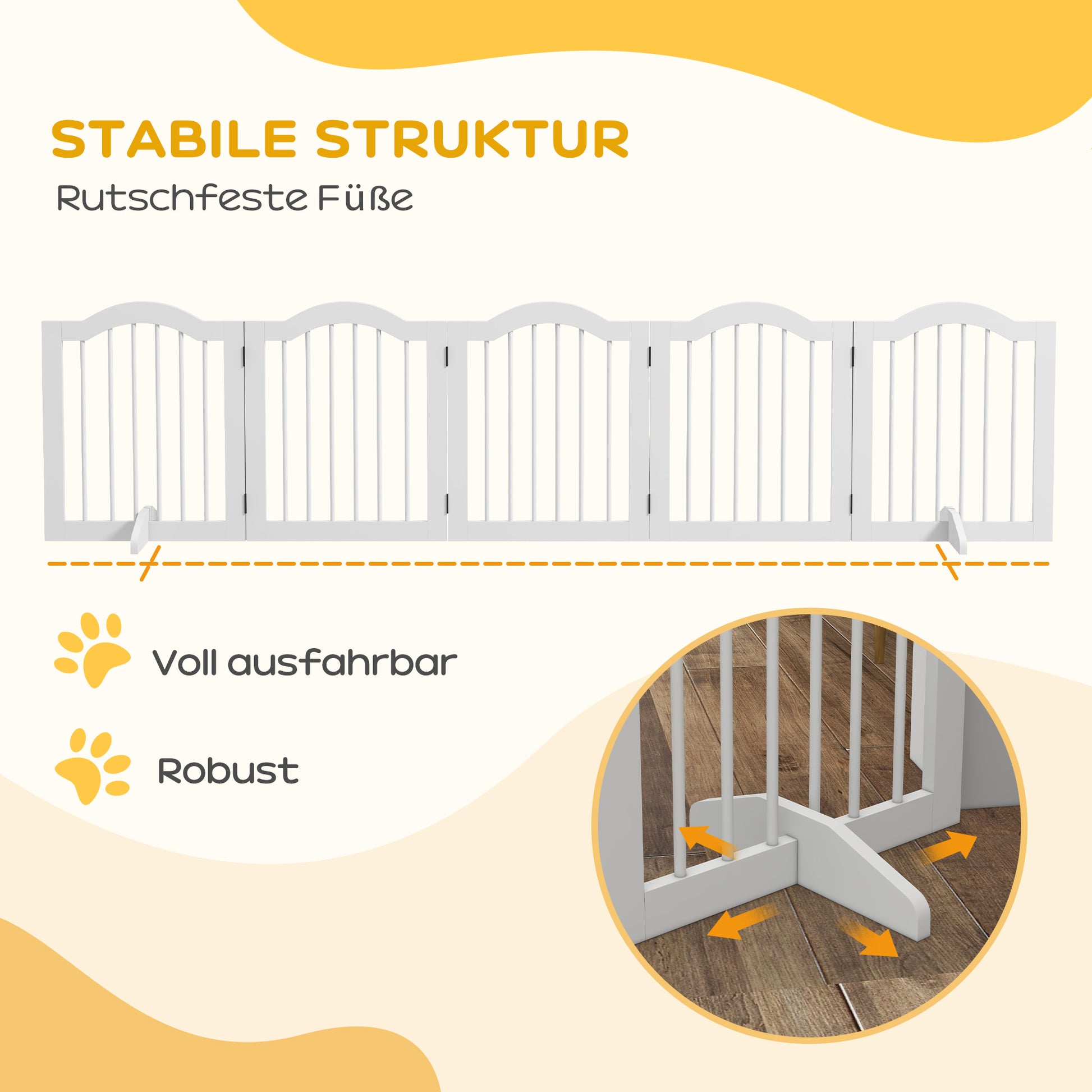 Dog Barrier Gate 5-Panel, 254.5 x 61 cm Foldable Dog Gate with Door, Door Barrier Gate with 2 Support Feet, Freestanding Stair Gate for Kitchen, Hallway, White