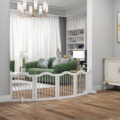 Dog Barrier Gate 5-Panel, 254.5 x 61 cm Foldable Dog Gate with Door, Door Barrier Gate with 2 Support Feet, Freestanding Stair Gate for Kitchen, Hallway, White