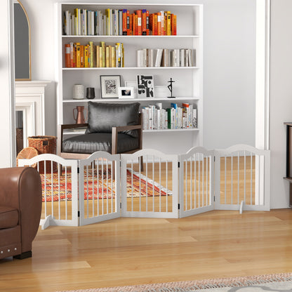 Dog Barrier Gate 5-Panel, 254.5 x 61 cm Foldable Dog Gate with Door, Door Barrier Gate with 2 Support Feet, Freestanding Stair Gate for Kitchen, Hallway, White