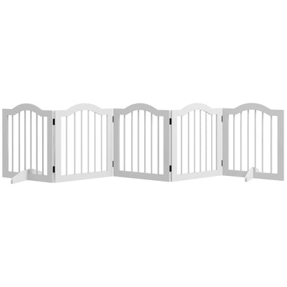 Dog Barrier Gate 5-Panel, 254.5 x 61 cm Foldable Dog Gate with Door, Door Barrier Gate with 2 Support Feet, Freestanding Stair Gate for Kitchen, Hallway, White