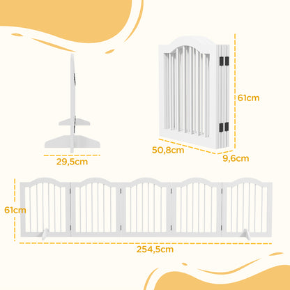 Dog Barrier Gate 5-Panel, 254.5 x 61 cm Foldable Dog Gate with Door, Door Barrier Gate with 2 Support Feet, Freestanding Stair Gate for Kitchen, Hallway, White