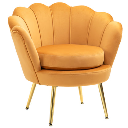 Armchair Upholstered Shell-shaped Relaxing Chair with Metal Legs, Vanity Stool with Velvet Look, for Bedroom Living Room, Yellow