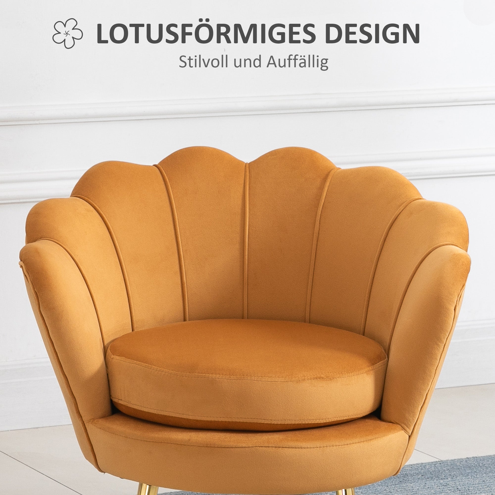 Armchair Upholstered Shell-shaped Relaxing Chair with Metal Legs, Vanity Stool with Velvet Look, for Bedroom Living Room, Yellow