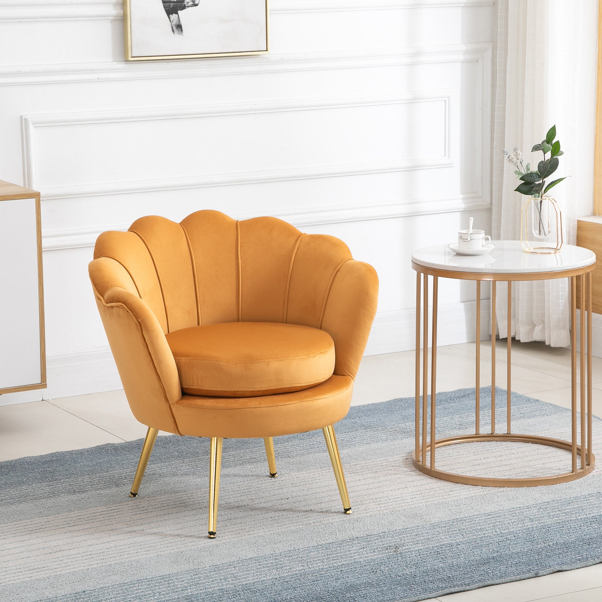 Armchair Upholstered Shell-shaped Relaxing Chair with Metal Legs, Vanity Stool with Velvet Look, for Bedroom Living Room, Yellow