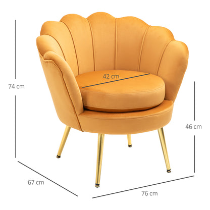 Armchair Upholstered Shell-shaped Relaxing Chair with Metal Legs, Vanity Stool with Velvet Look, for Bedroom Living Room, Yellow