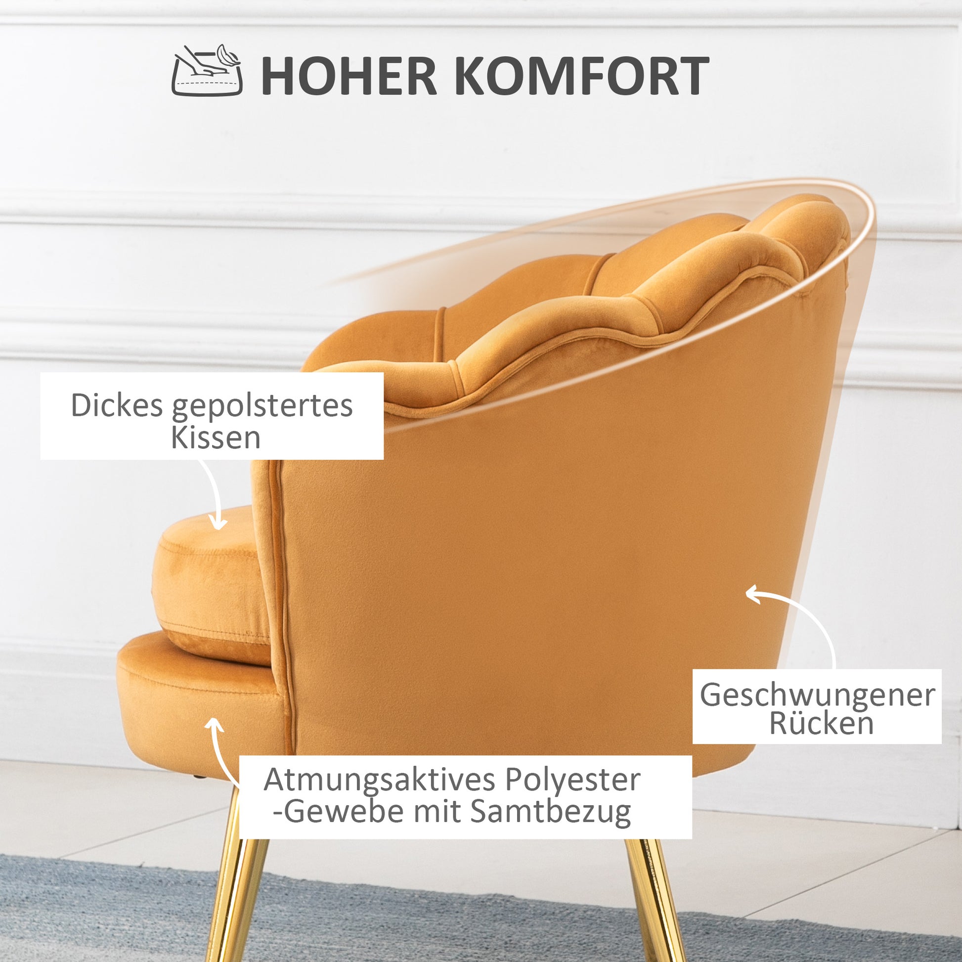 Armchair Upholstered Shell-shaped Relaxing Chair with Metal Legs, Vanity Stool with Velvet Look, for Bedroom Living Room, Yellow