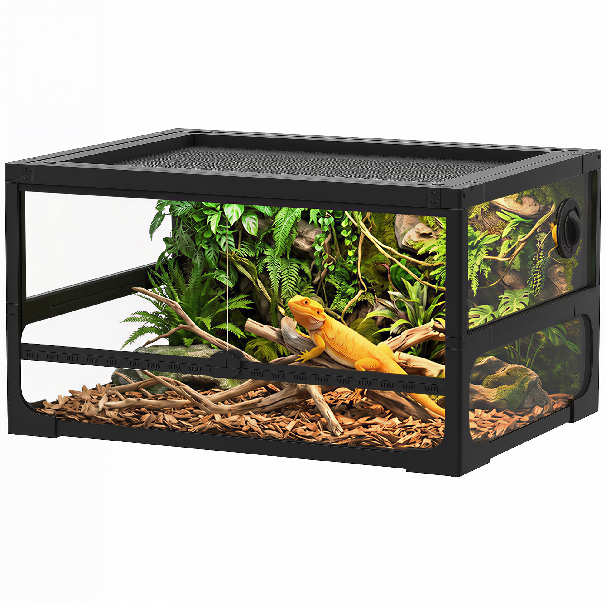 Raised Foldable Reptile Terrarium 24 x 18 x 13 in (60 x 45 x 32 cm) — Tempered Glass, Lockable Lid, Feeding Door, Mesh Ventilation, 360° View