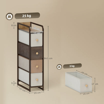 4-Drawer Foldable Fabric Chest, Narrow Storage Unit with Top Shelf and Steel Frame, Modern Style, Multicolor