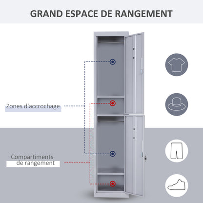 Metal Cabinet Locker with 2 Compartments, Lockable Storage Cabinet with 2 Keys, 4 Shelves, 38 x 46 x 180 cm, Gray