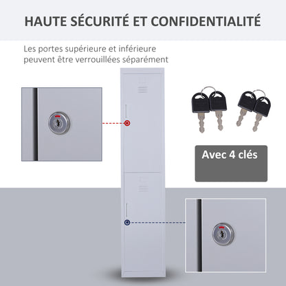 Metal Cabinet Locker with 2 Compartments, Lockable Storage Cabinet with 2 Keys, 4 Shelves, 38 x 46 x 180 cm, Gray