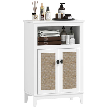 Bathroom Storage Cabinet with 2 Doors with Rattan Fronts Bathroom Cabinet with Adjustable Shelf and Open Compartment 60x30x90 cm White