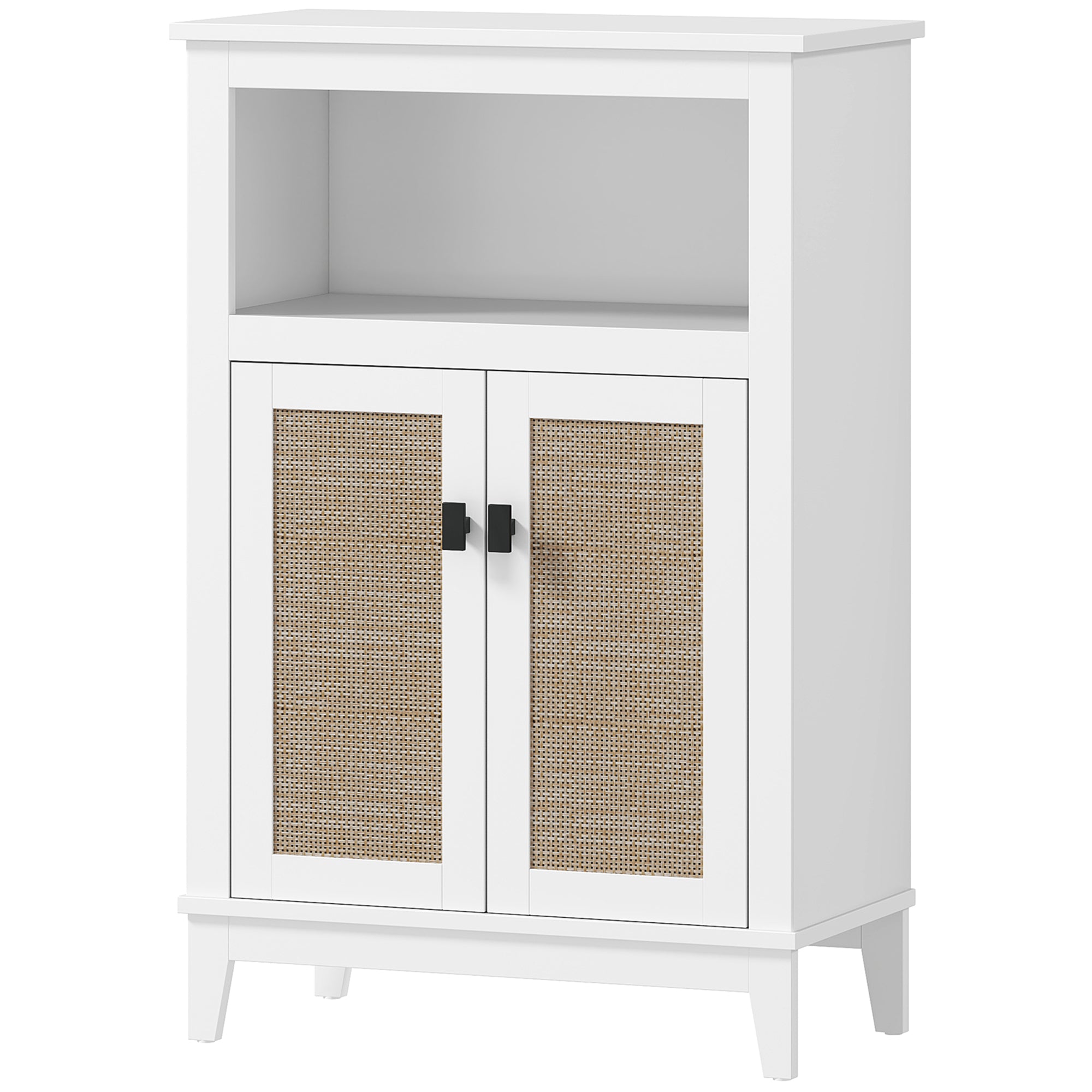 Bathroom Storage Cabinet with 2 Doors with Rattan Fronts Bathroom Cabinet with Adjustable Shelf and Open Compartment 60x30x90 cm White