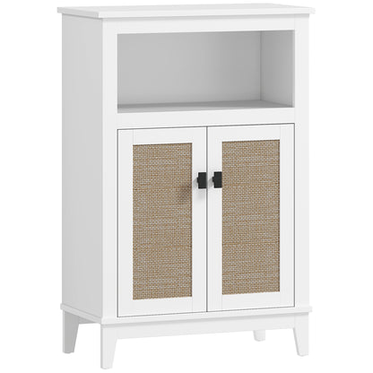 Bathroom Storage Cabinet with 2 Doors with Rattan Fronts Bathroom Cabinet with Adjustable Shelf and Open Compartment 60x30x90 cm White