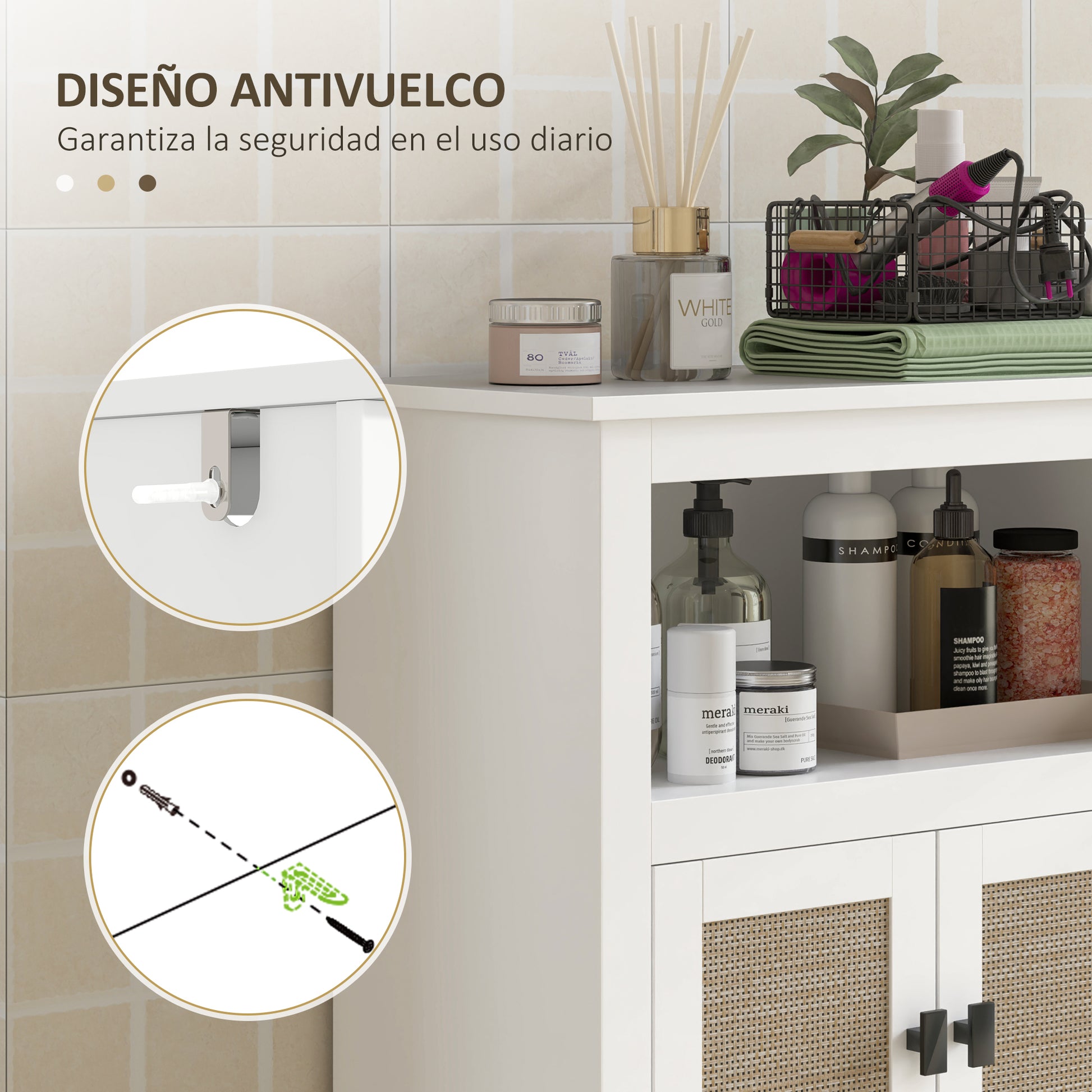Bathroom Storage Cabinet with 2 Doors with Rattan Fronts Bathroom Cabinet with Adjustable Shelf and Open Compartment 60x30x90 cm White