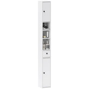Space-Saving Bathroom Column with 2 Cabinets, 3 Open Shelves, and Drawer, Bathroom Cabinet with 8-Level Adjustable Shelves in Wood, 20x20x178 cm, White