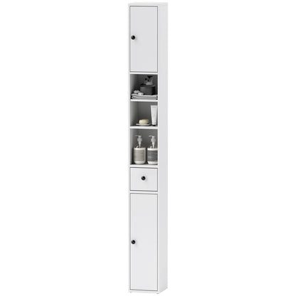 Space-Saving Bathroom Column with 2 Cabinets, 3 Open Shelves, and Drawer, Bathroom Cabinet with 8-Level Adjustable Shelves in Wood, 20x20x178 cm, White