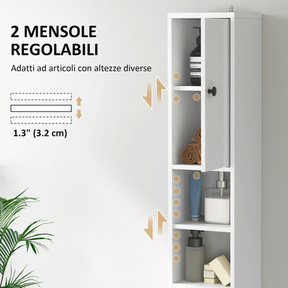 Space-Saving Bathroom Column with 2 Cabinets, 3 Open Shelves, and Drawer, Bathroom Cabinet with 8-Level Adjustable Shelves in Wood, 20x20x178 cm, White