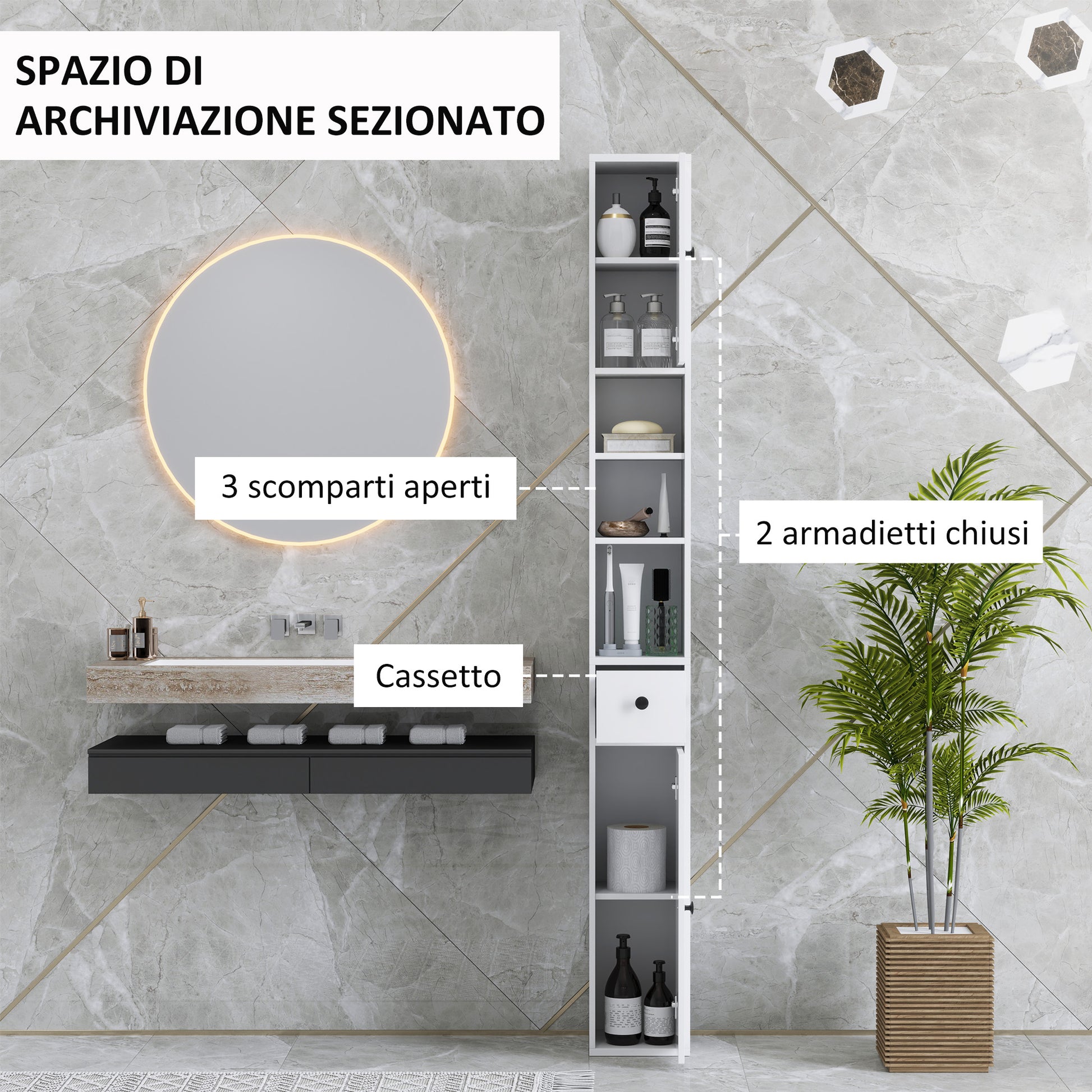 Space-Saving Bathroom Column with 2 Cabinets, 3 Open Shelves, and Drawer, Bathroom Cabinet with 8-Level Adjustable Shelves in Wood, 20x20x178 cm, White