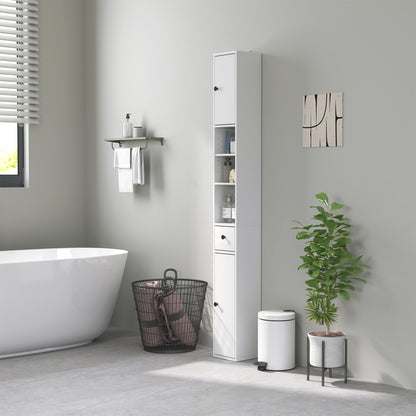 Space-Saving Bathroom Column with 2 Cabinets, 3 Open Shelves, and Drawer, Bathroom Cabinet with 8-Level Adjustable Shelves in Wood, 20x20x178 cm, White