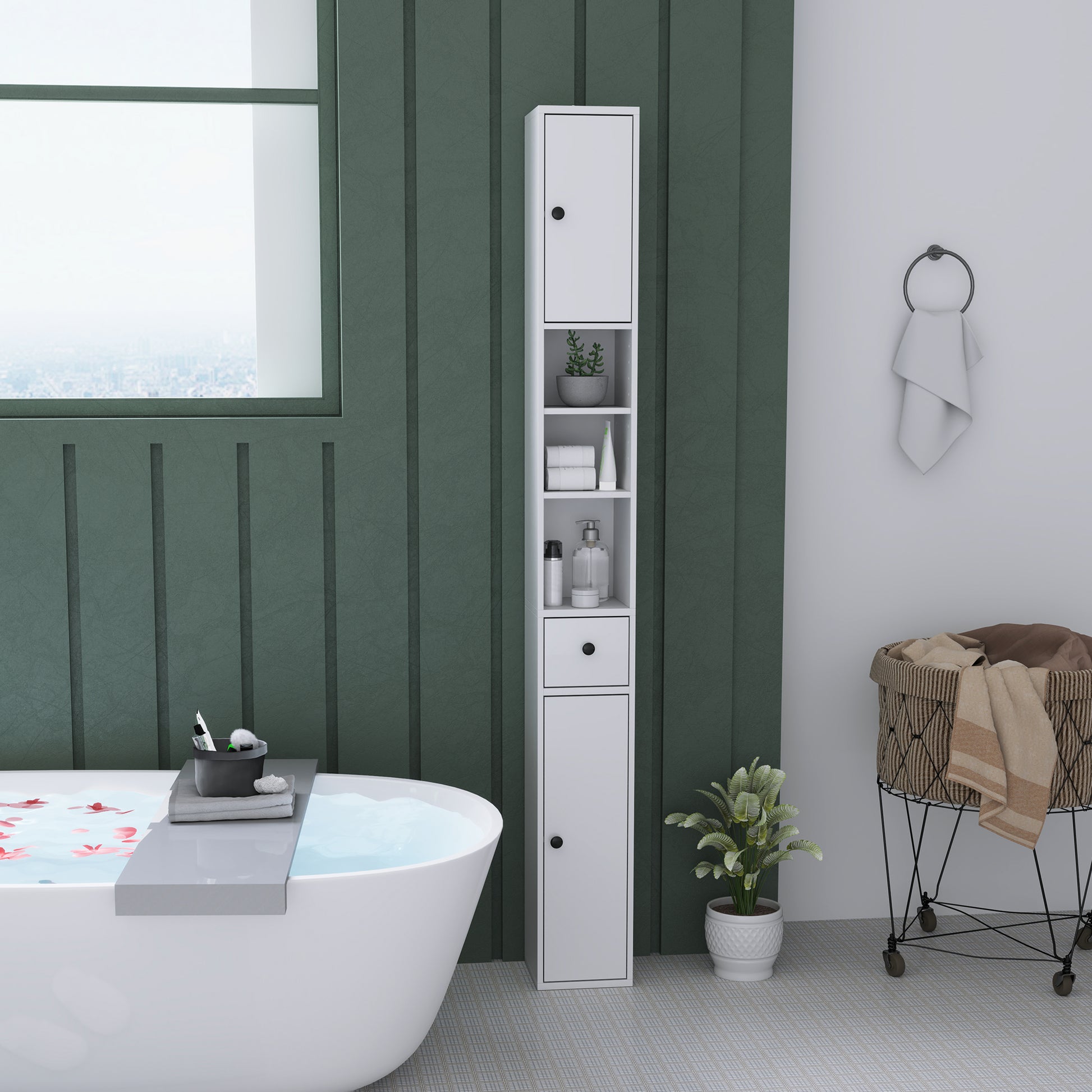 Space-Saving Bathroom Column with 2 Cabinets, 3 Open Shelves, and Drawer, Bathroom Cabinet with 8-Level Adjustable Shelves in Wood, 20x20x178 cm, White