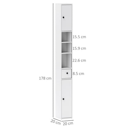 Space-Saving Bathroom Column with 2 Cabinets, 3 Open Shelves, and Drawer, Bathroom Cabinet with 8-Level Adjustable Shelves in Wood, 20x20x178 cm, White