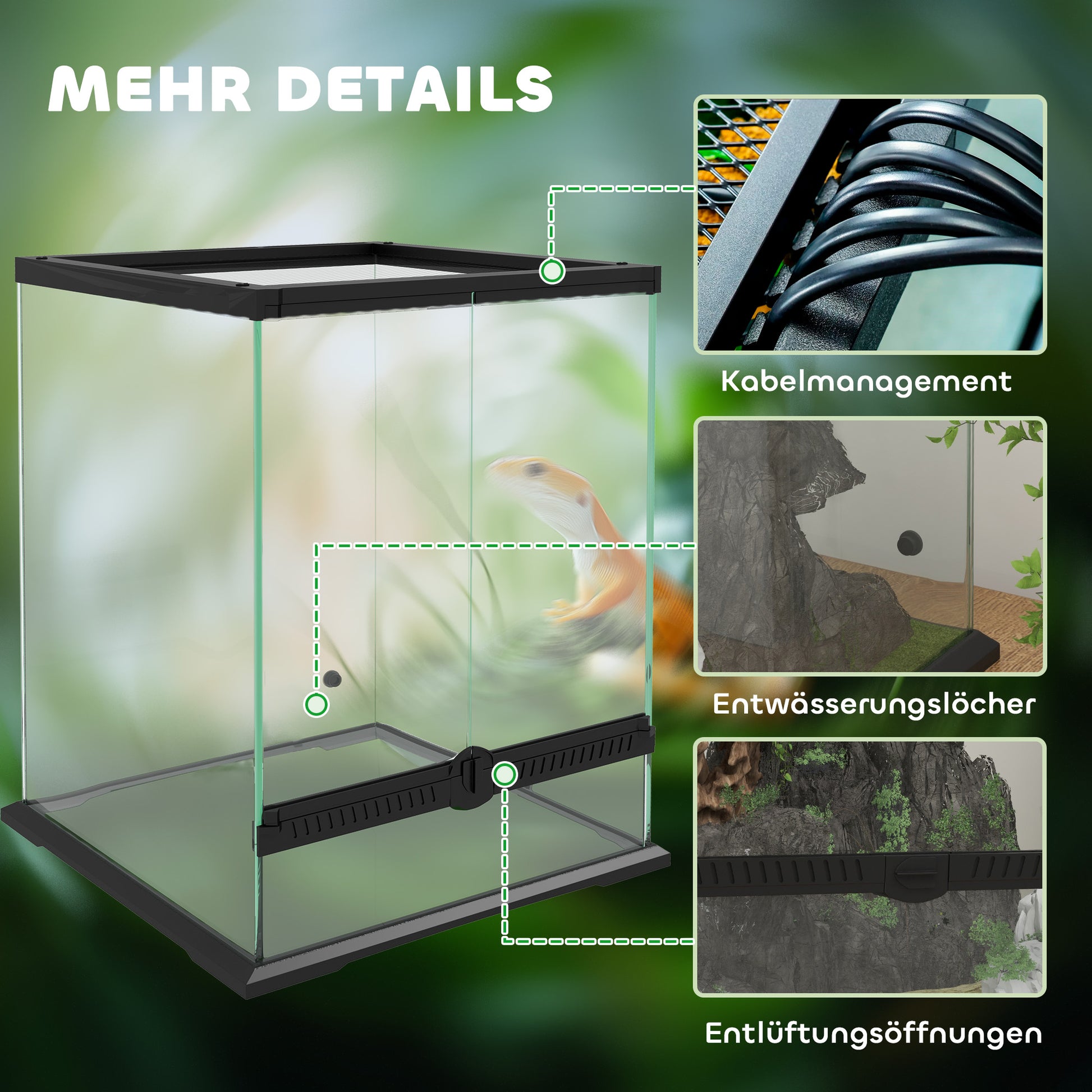Terrarium for Reptiles Reptile Feeding Box with Anti-Escape Design, Ventilation 120L Glass Terrarium with Cable Management for Amphibians Spider Metal Black 45 x 45 x 60 cm