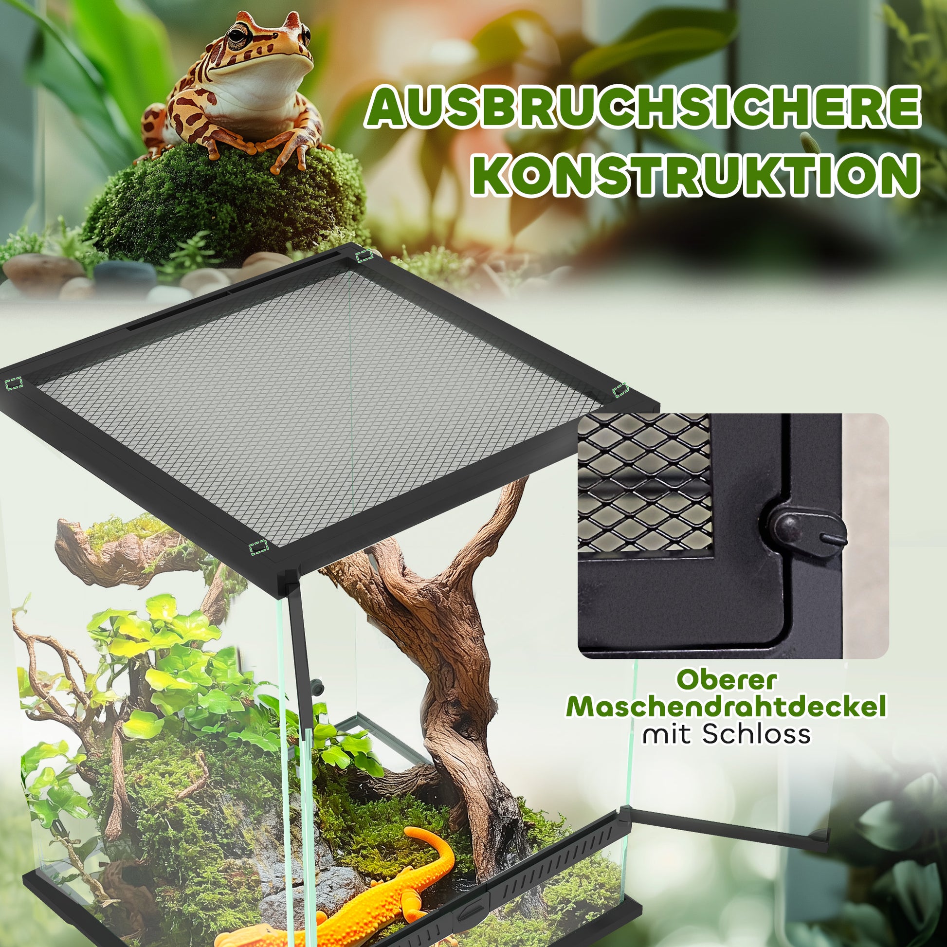 Terrarium for Reptiles Reptile Feeding Box with Anti-Escape Design, Ventilation 120L Glass Terrarium with Cable Management for Amphibians Spider Metal Black 45 x 45 x 60 cm