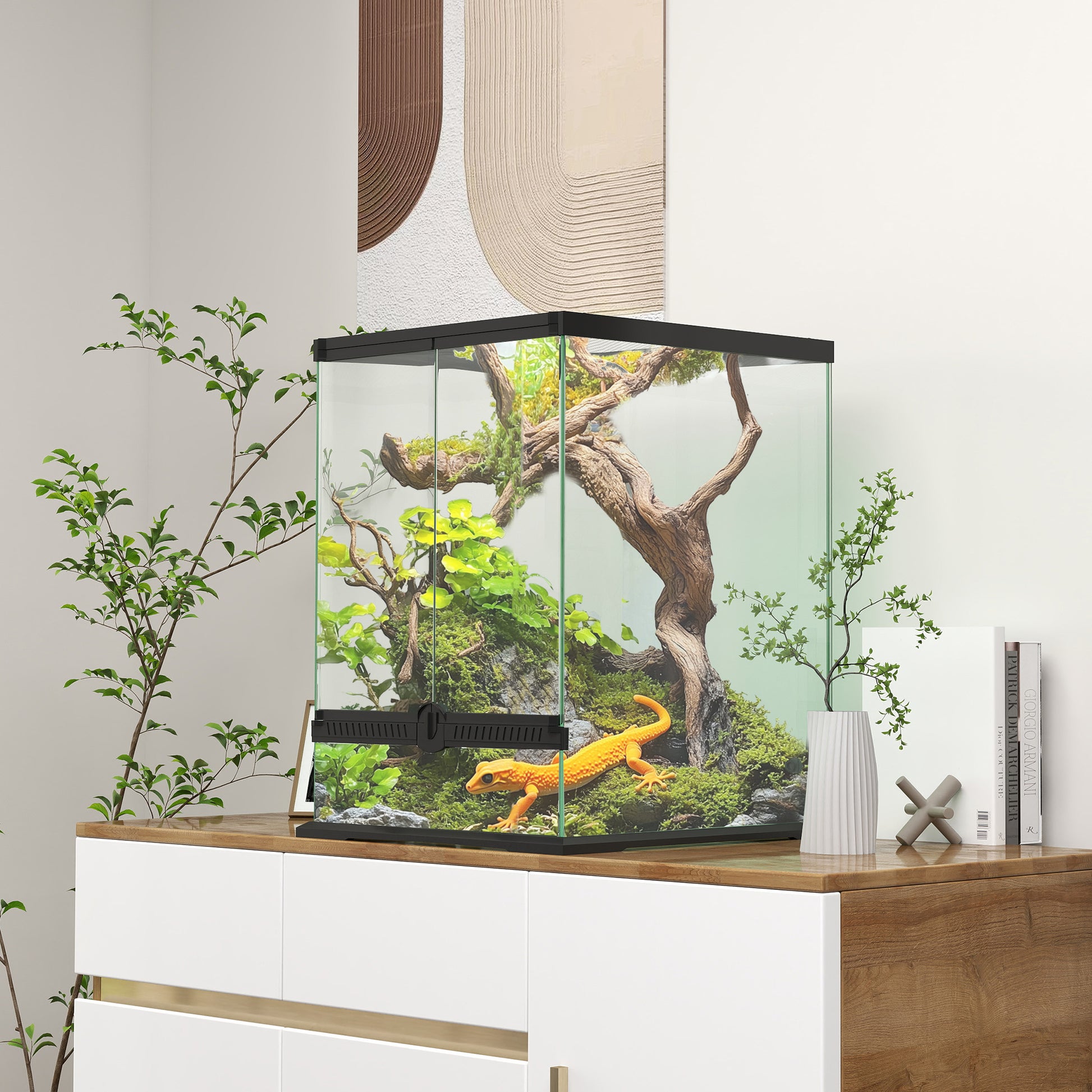 Terrarium for Reptiles Reptile Feeding Box with Anti-Escape Design, Ventilation 120L Glass Terrarium with Cable Management for Amphibians Spider Metal Black 45 x 45 x 60 cm