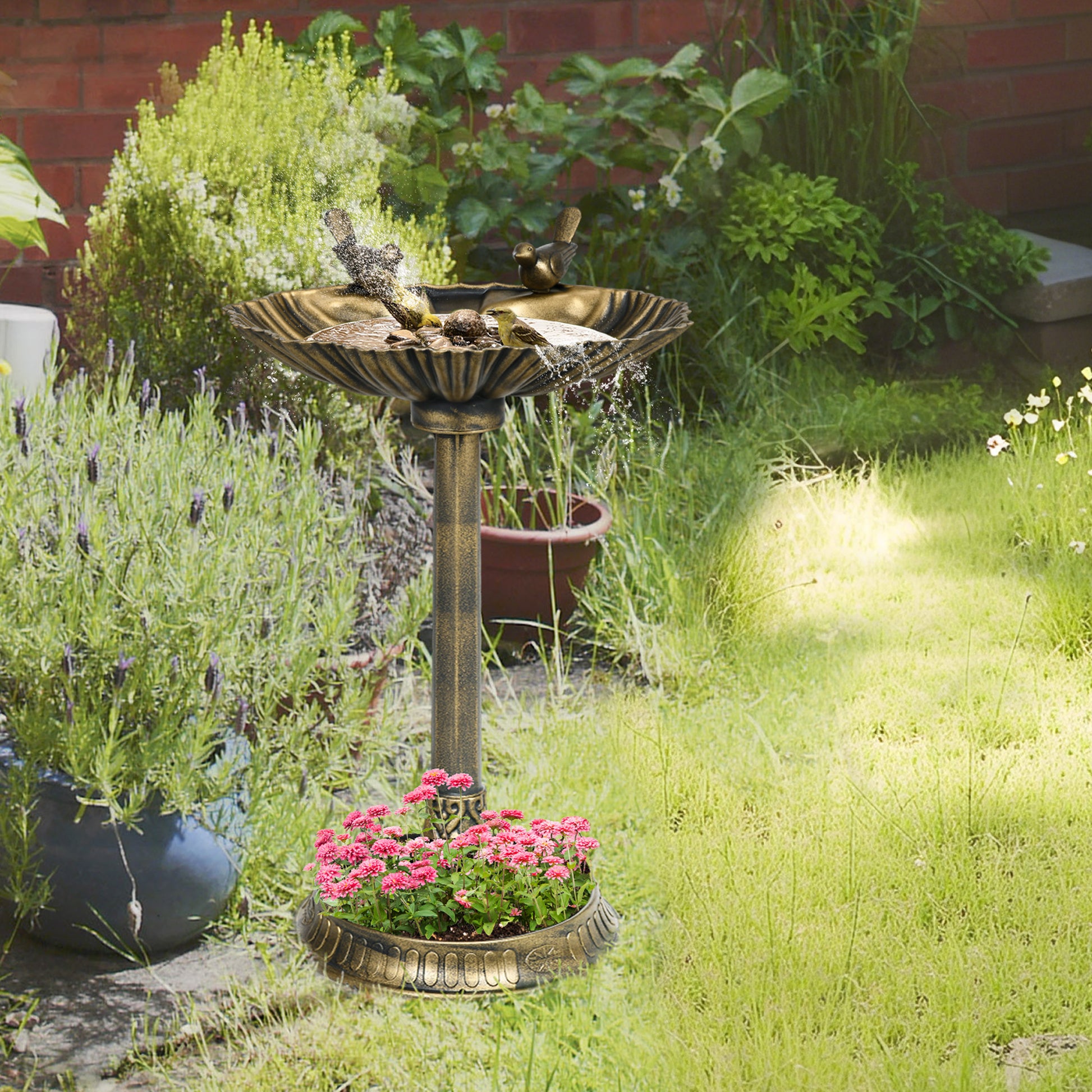 Bird Bath, Bird Feeder for Birds in Lotus Leaf Shape Basin, dim. Ø 50 x 71H cm Polypropylene Antique Bronze