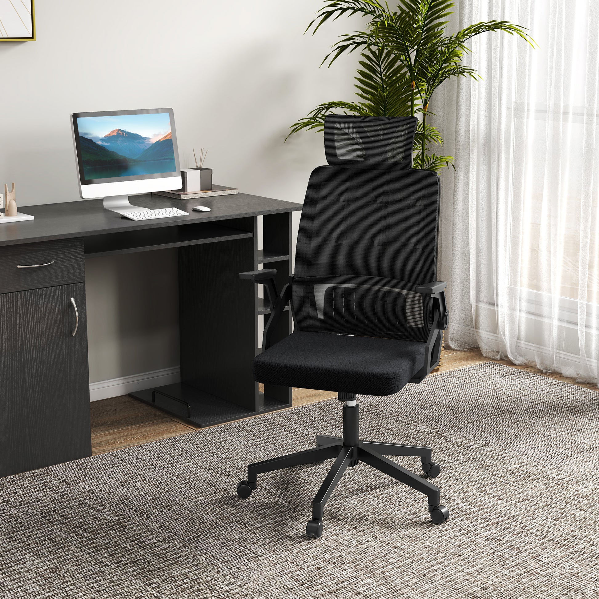 Ergonomic Office Chair, Desk Chair with Adjustable Headrest, Height-Adjustable Armrest Computer Chair with Tilt Function, Lumbar Support, Mesh, Black