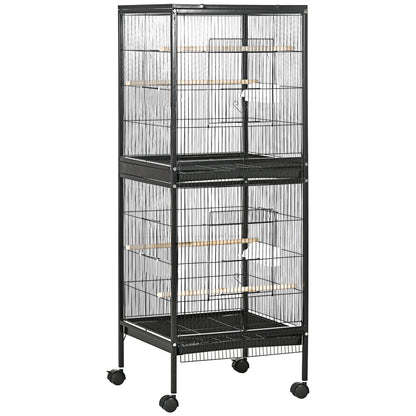 Bird Cage with Wheels Large 2-Tier Bird Aviary with Removable Trays Feeders Perches for Canaries Budgies 51.5x50x140 cm Black