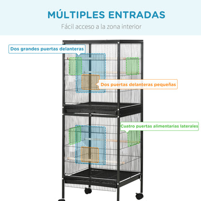 Bird Cage with Wheels Large 2-Tier Bird Aviary with Removable Trays Feeders Perches for Canaries Budgies 51.5x50x140 cm Black